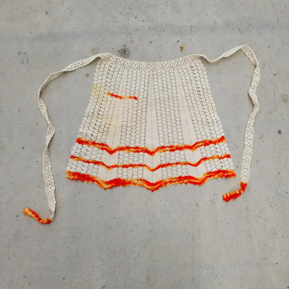 Vintage Hand Crochet Apron Orange and White - Picture 1 of 8